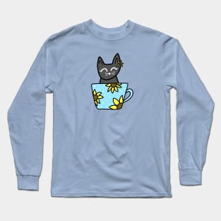 Black Cat in a Blue and White Polka Dot Sunflower Mug, made by EndlessEmporium Long Sleeve T-Shirt